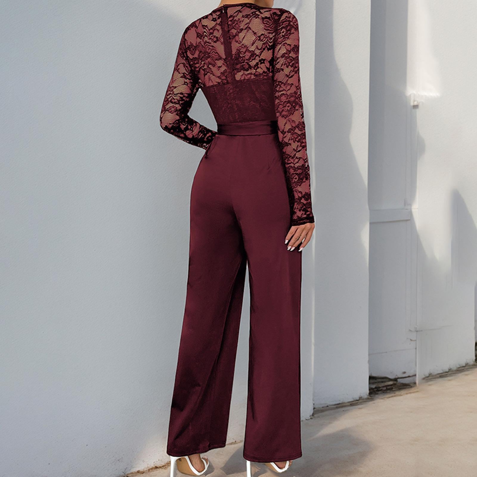 Elegant Lace Long Sleeve Jumpsuit for Women, Belted High Waist Wide Leg Formal Romper, Evening Party Wedding Guest Outfit