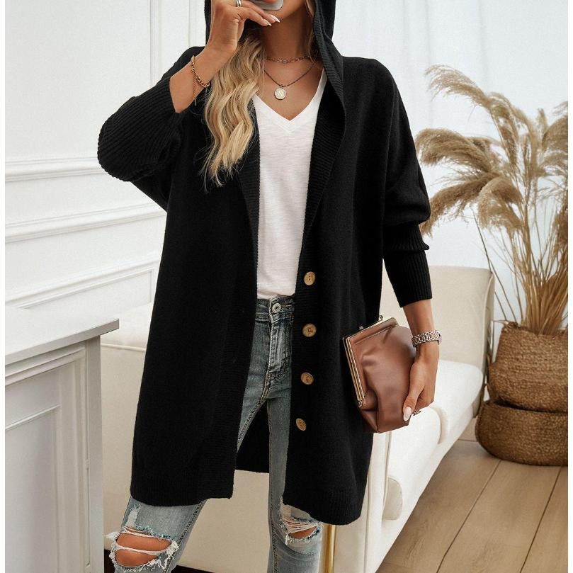Women Oversized Hooded Long Knit Cardigan, Button Front Batwing Sleeve Casual Sweater Coat, Fall Winter Loose Outerwear