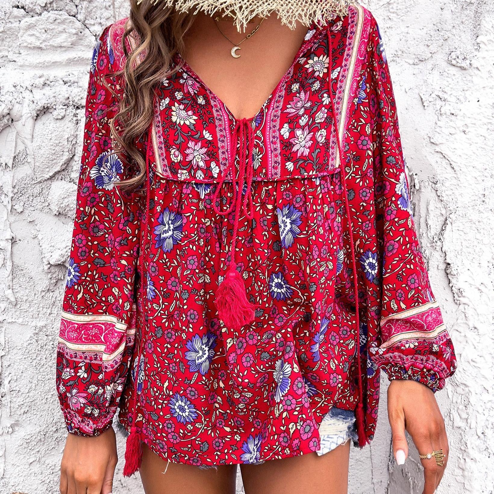 Women's Chic Bohemian Floral Print Blouse - Elegant V-Neck Drawstring Tassel Tie, Long Lantern Sleeves, Loose Comfortable Ethnic Shirts for Summer Beach Vacation Style
