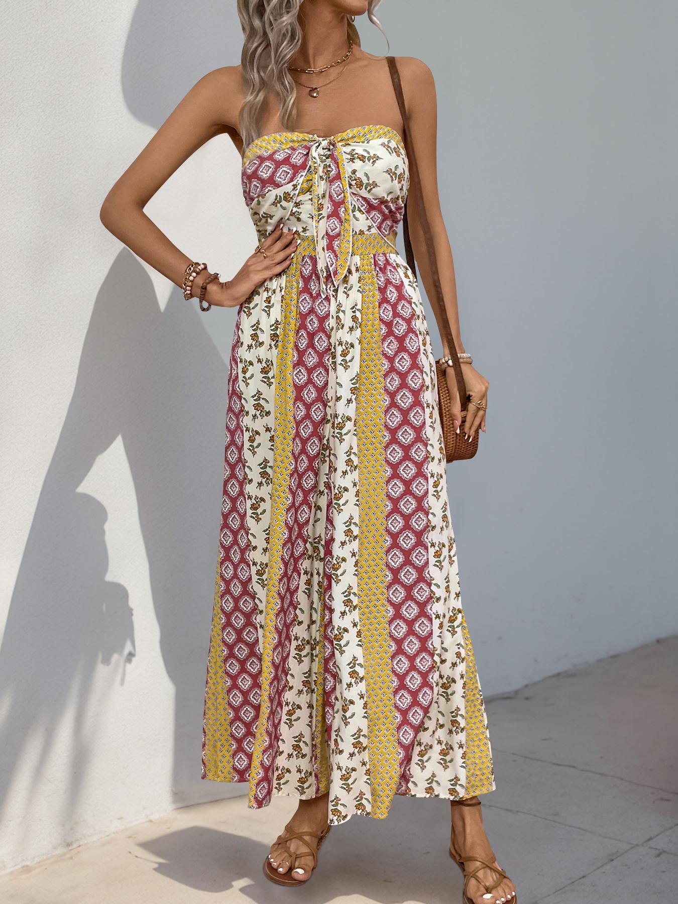 Women's Bohemian Vintage Exotic Strapless Tube Top Jumpsuit - Tie-Front, Soft Viscose, Stretch Waist, Smocked High Waist, Wide Leg, Long Cut, Slimming Summer Printed Beach Vacation Essential Outfit