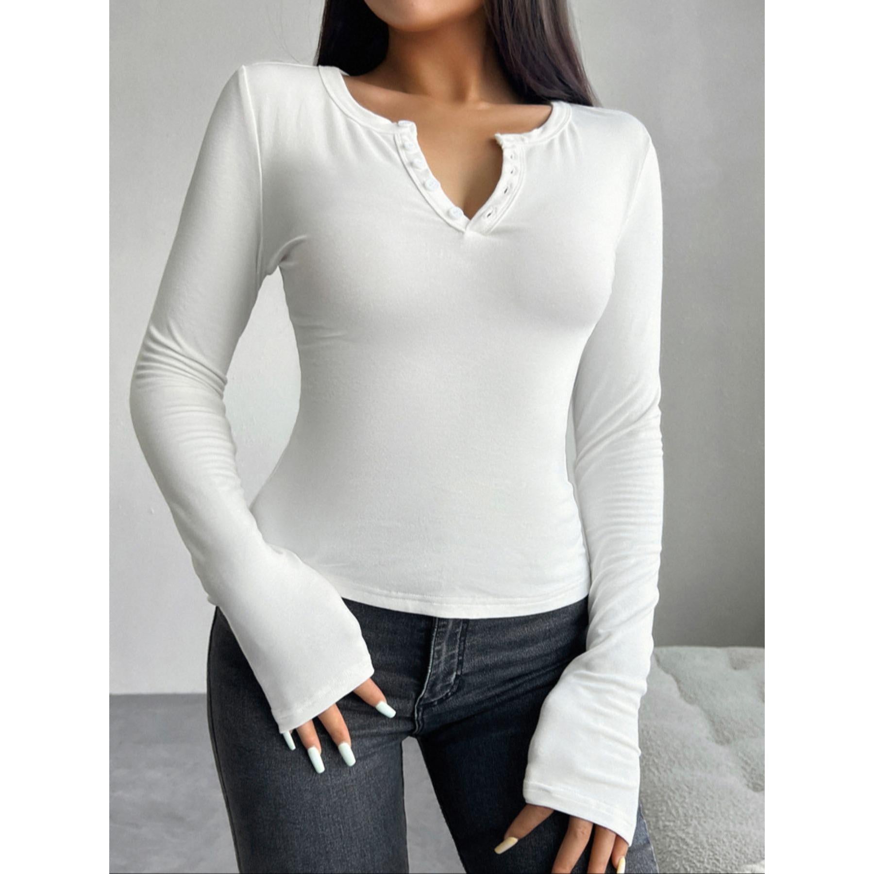 Women's Slim Fit Henley Long Sleeve Crop Top - Soft Stretchy Knit Basic Tee with Thumb Hole Cuffs, Button V-Neck - Casual Y2K Streetwear Daily Top