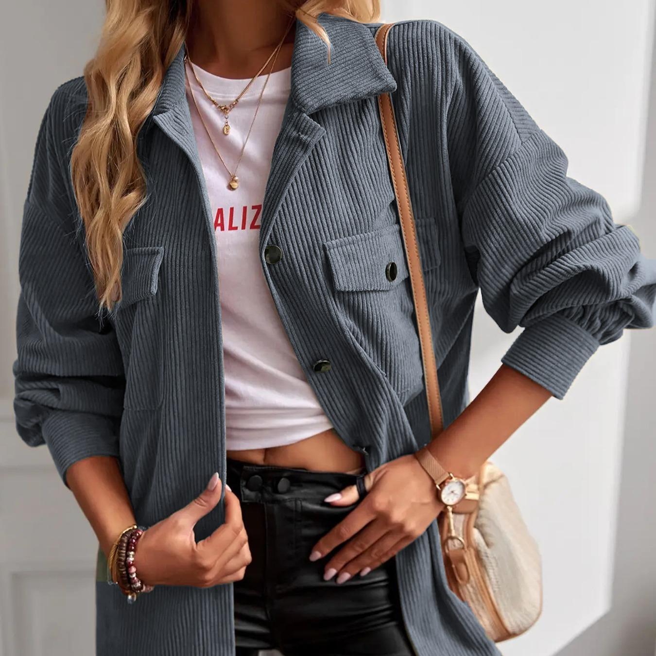Women's Basic Plain Long Corduroy Shirt Jacket Coats - Collared Neck, Button-Down, Elegant Cuff Sleeves, Comfortable Loose Fit, Tops for Women, Office & Casual Commuter Outerwear with Elegance & Style