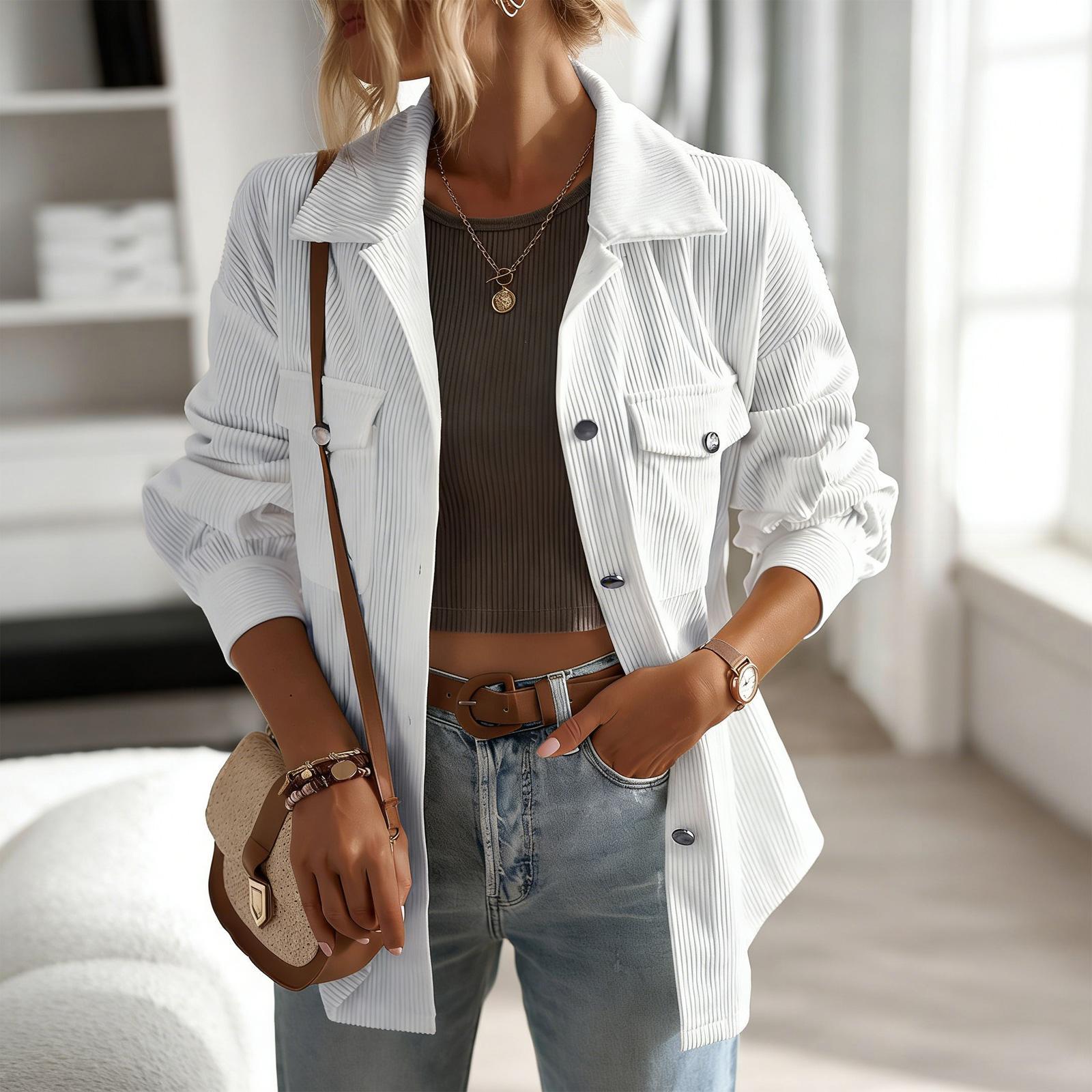 Women's Basic Plain Long Corduroy Shirt Jacket Coats - Collared Neck, Button-Down, Elegant Cuff Sleeves, Comfortable Loose Fit, Tops for Women, Office & Casual Commuter Outerwear with Elegance & Style