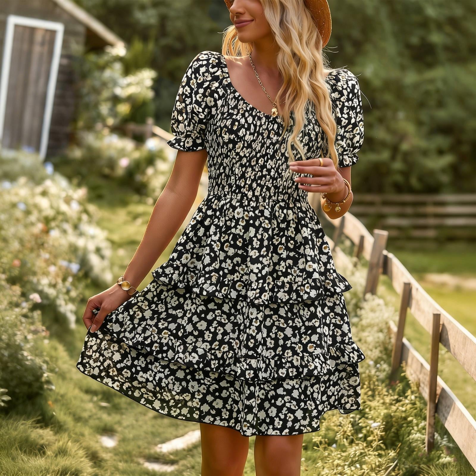 Women’s Comfortable Elegant Off-The-Shoulder Scoop Neck A-Line Mini Dress - Short Puff Sleeves, Ruffle Details, Ditsy Floral Print, Bohemian Pull-On Style for Vacations, Beach