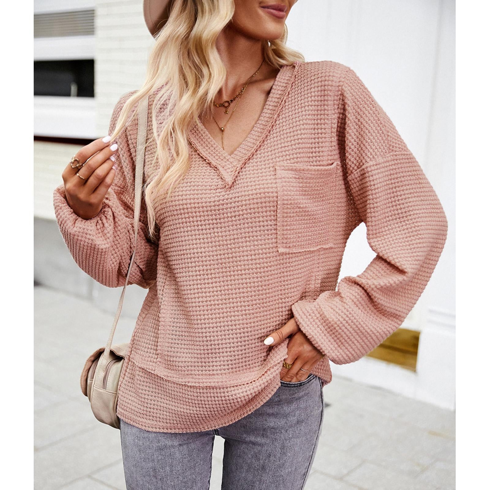 Women's Waffle Knit Raw Edge V-Neck Long Sleeve Blouse with Balloon Cuffs, Casual Loose Fit, Chest Pocket