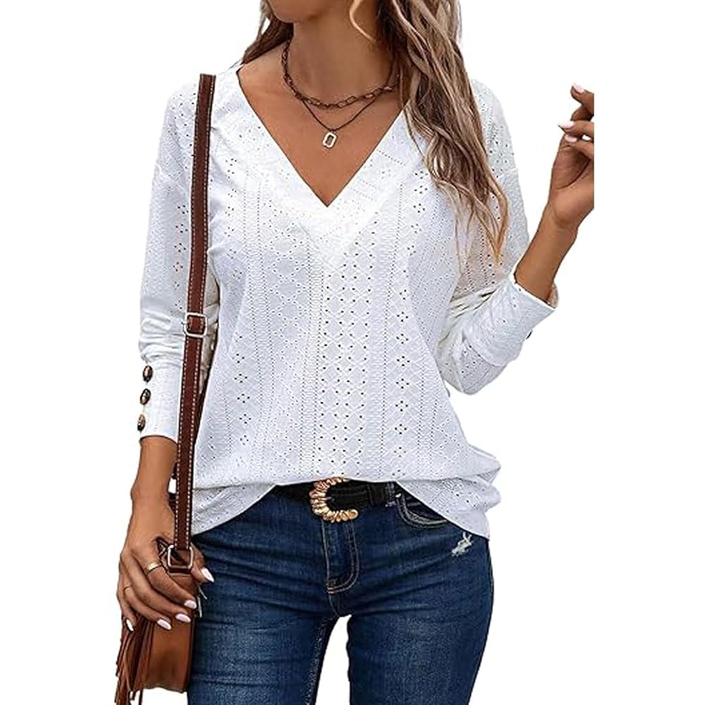 Women's V Neck Long Sleeve Eyelet Hollow Out Top, Decorative Button Cuff Loose Casual Solid Color Blouse