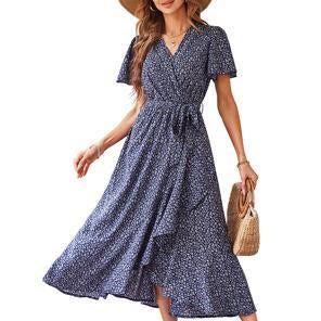 Women's Fitted V-Neck Floral Wrap Casual Midi Dress - Flutter Short Sleeves, Tie Waist, Irregular Ruffle Hem, Gorgeous Bohemian Fabric for Summer Beach Wear