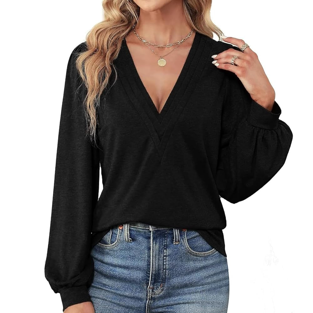 Women's Feminine Knit Deep V-Neck Long Sleeve Blouses - Puff Lantern Sleeves, Pleated Front, Basic Comfy Stretchy Solid Color Loose Fit Casual Shirts for Daily Wear