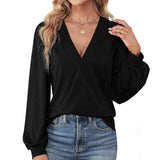 Women's Feminine Knit Deep V-Neck Long Sleeve Blouses - Puff Lantern Sleeves, Pleated Front, Basic Comfy Stretchy Solid Color Loose Fit Casual Shirts for Daily Wear