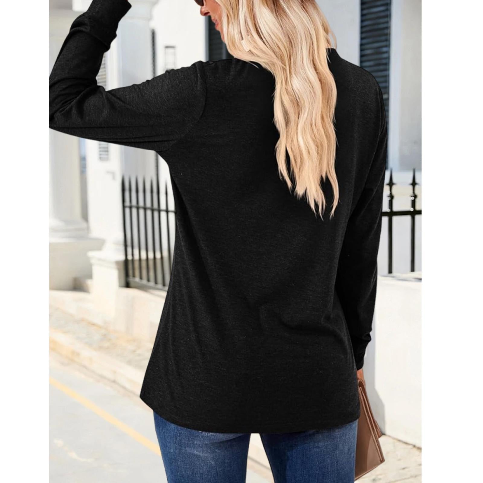 Women's Breathable Henley Long-Sleeve V-Neck Button-Decor Casual Loose Solid Minimalist Tunic Blouse, Everyday Hip Fall Basic Top for Layering Under Jackets