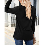 Women's Breathable Henley Long-Sleeve V-Neck Button-Decor Casual Loose Solid Minimalist Tunic Blouse, Everyday Hip Fall Basic Top for Layering Under Jackets