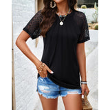 Women Hollow Out Lace Raglan Short Sleeve Top, Crew Neck Pleated Front Soft Casual Summer Tee, Loose Fit Boho Blouse for Daily Outings