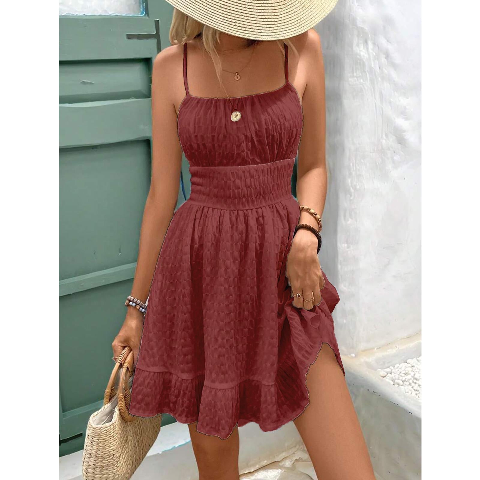 Women Square Neck Spaghetti Strap Mini Dress, Smocked Waist Textured Ruffle Hem A-line Summer Sundress for Beach Vacation