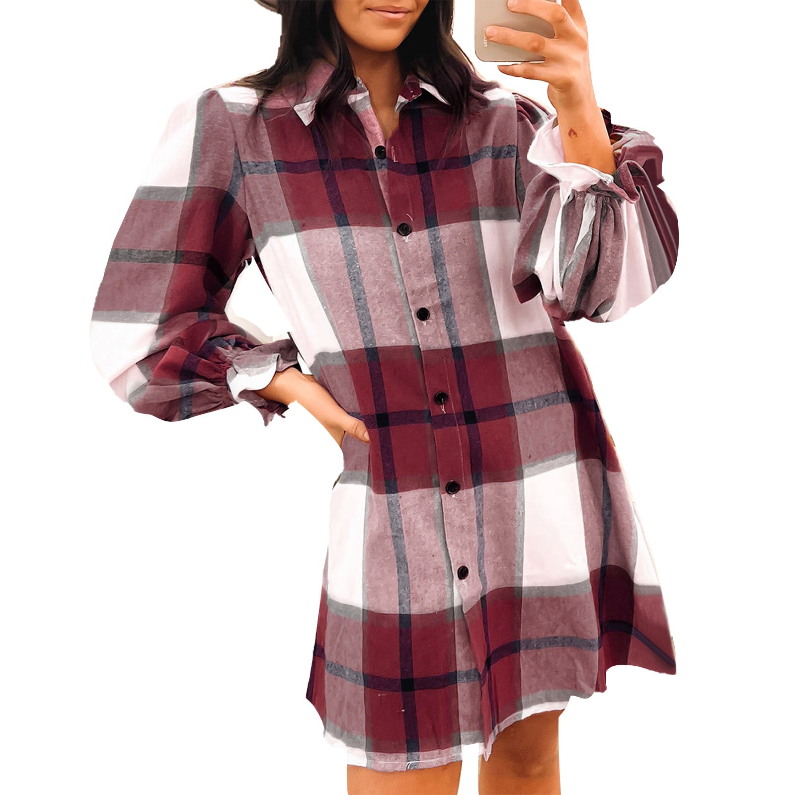 Women's Long Sleeve Flannel Plaid Button Down Shirts Lapels Casual Blouse