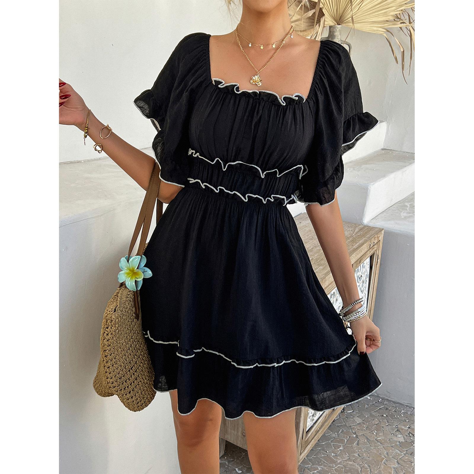 TCIFE Women's Sexy Fitted Square Neck Flutter Short Sleeve Smocked Waist A-Line Boho Tiered Cocktail Mini Dress - Breathable Fabric, Backless Open, Casual 1-Piece Vacation Party Black Clothing