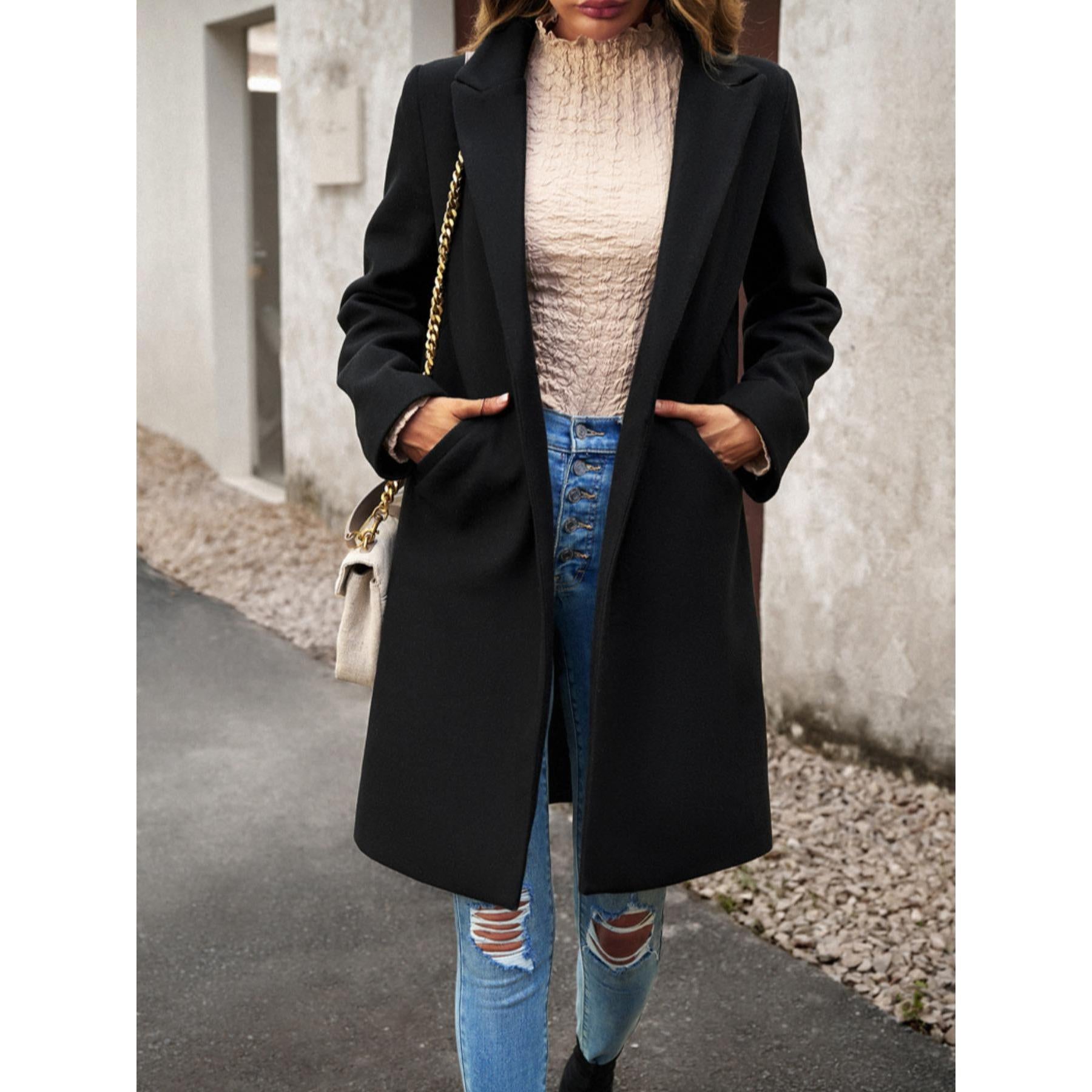 Women Lapel Open Front Mid Length Wool Blend Coat, Elegant Long Sleeve Casual Outerwear for Fall Winter, 2 Colors Wine Red / Black