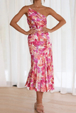 Womens Print Slant Neck Off-the-shoulder Dress