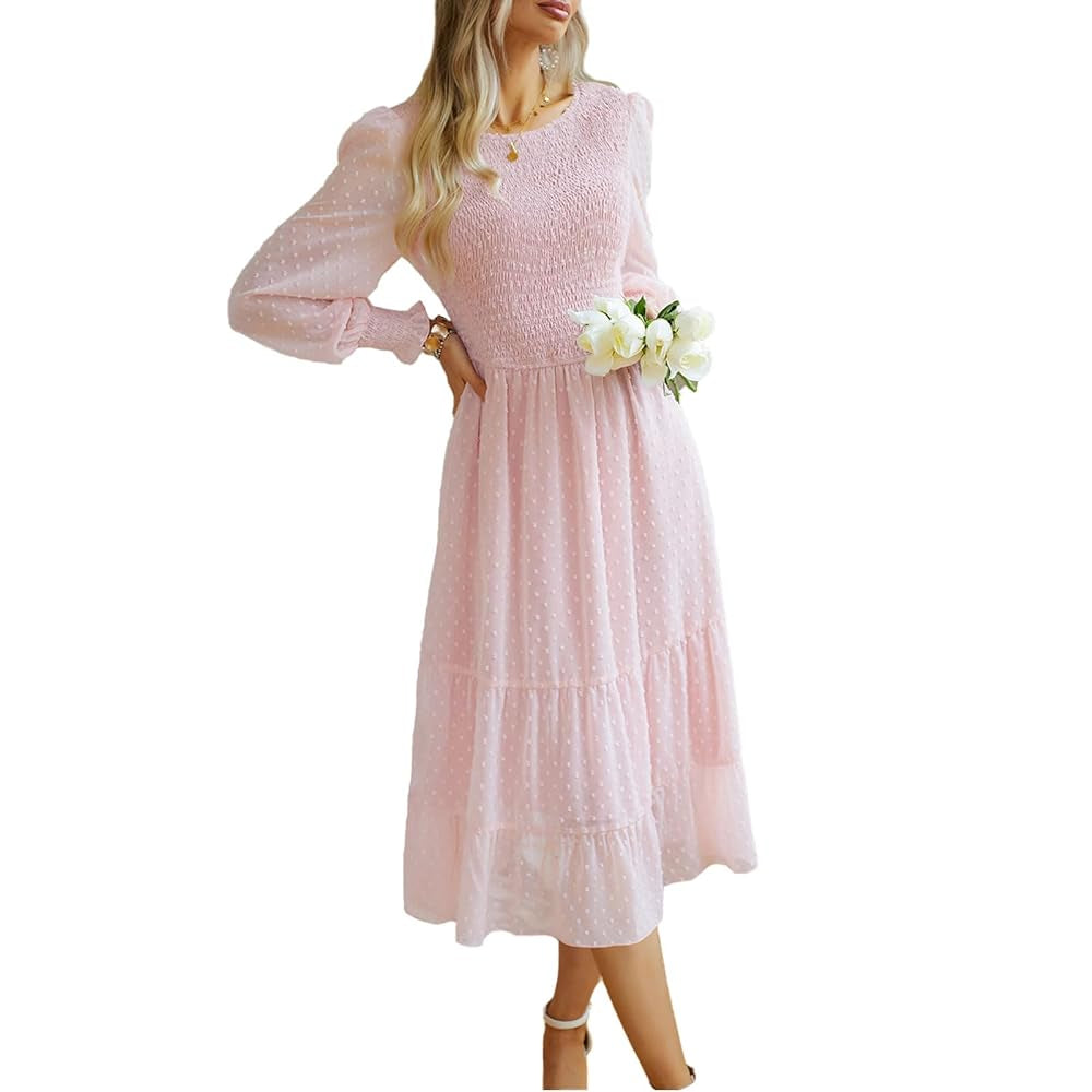 Women's Swiss Dot Long Sleeve Midi Dress - Round Neck Smocked Bodice, Tiered Flowy A-Line, Elastic Fabric, Feminine Balloon Casual Wear Dress