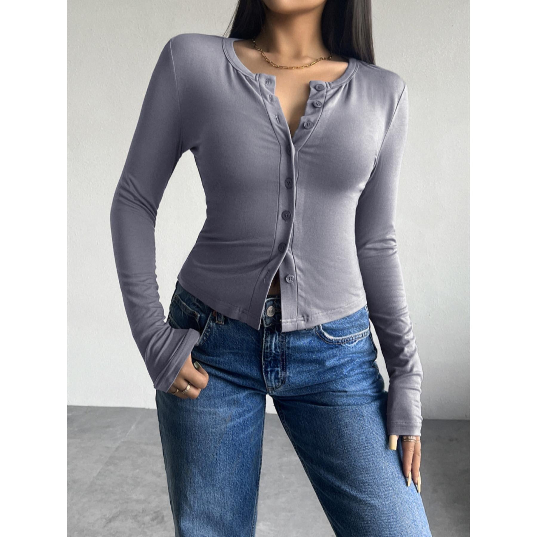 Women's Henley Neck Button-Down Long-Sleeve Cropped Blouse