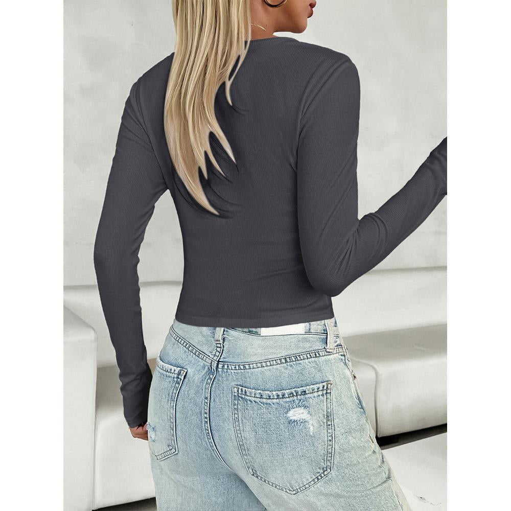 Women's Soft Modest Ribbed Henley Long Sleeve V-Neck Button-Down Slim-Fit Cropped Eyelet Knitwear Top, Casual Party Going-Out Stretch Shirt