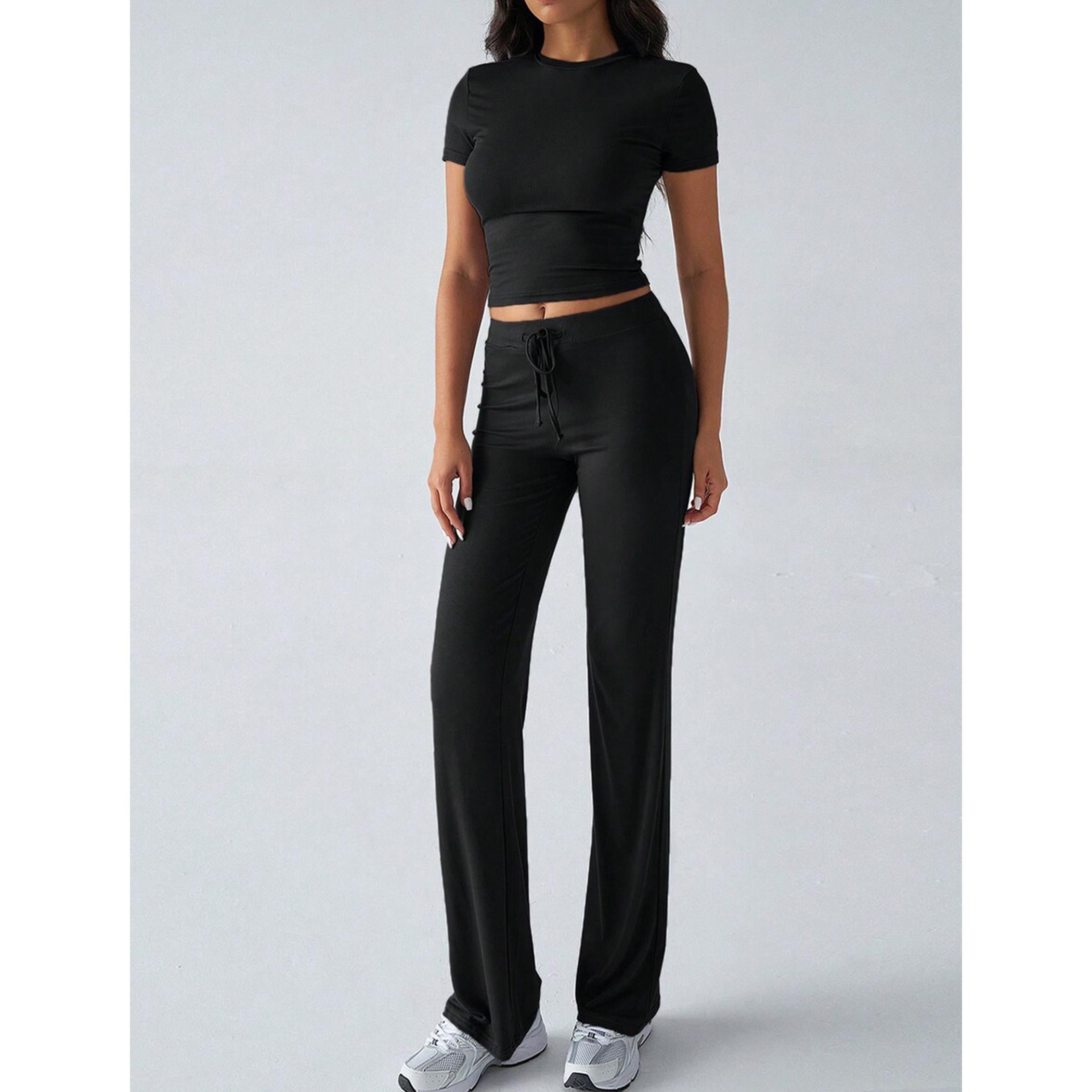 Women's 2-Piece Casual Tracksuit, Short Sleeve Crop Top & High Waist Flare Pants, 2 Piece Sets Women