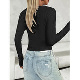 Women's Soft Modest Ribbed Henley Long Sleeve V-Neck Button-Down Slim-Fit Cropped Eyelet Knitwear Top, Casual Party Going-Out Stretch Shirt