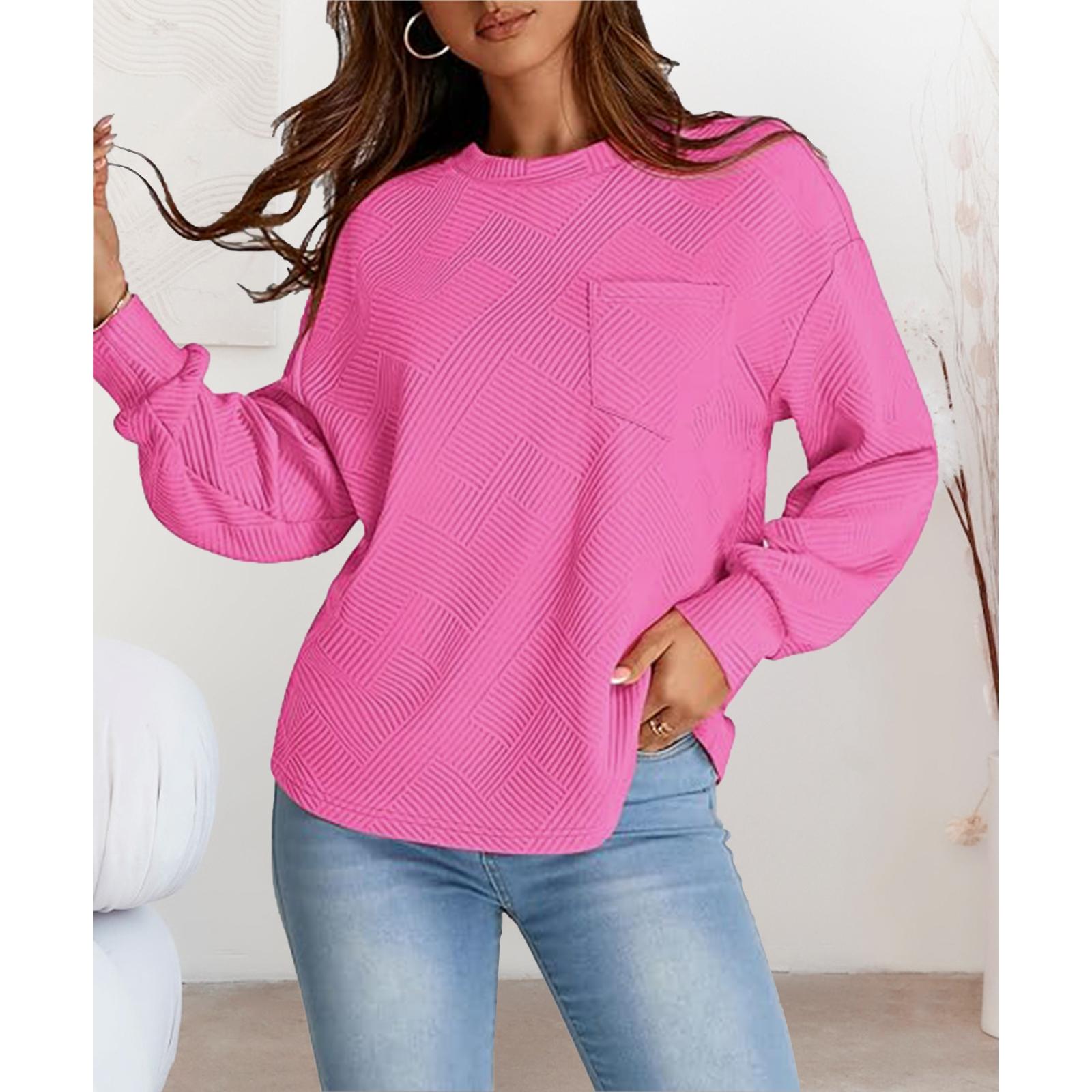 Women's Simple Soft Woven Geometric Jacquard Fabric Crew Neck Sweatshirt - Loose Drop Shoulder Long Sleeve Pullover with Ribbed Details, Casual Fall Basic Top