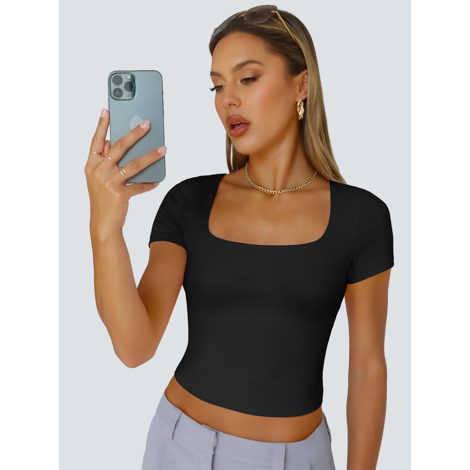 Women's Square Neck Short Sleeve Crop Top, Slim Fit Basic Solid Color T-Shirt