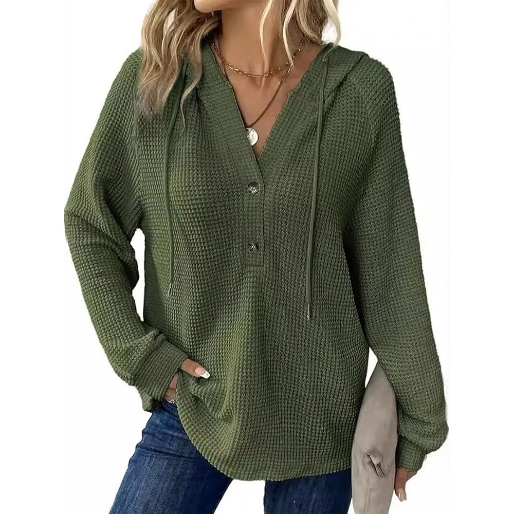 Women's Waffle Knit Henley Hoodie Long Sleeve Drawstring Button V Neck Casual Loose Fit Basic Tops