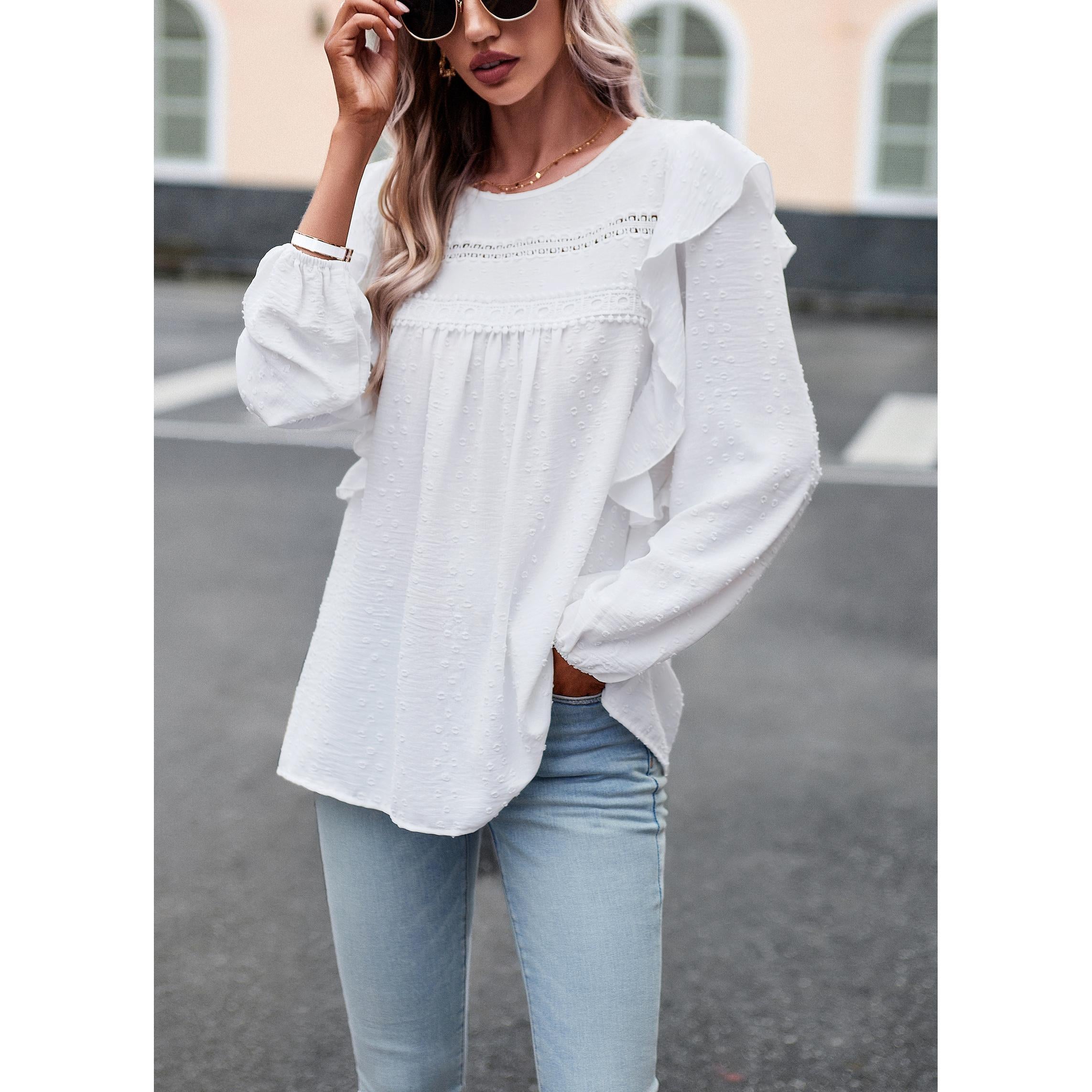Women's Soft Feminine Swiss Dot Blouse - Long Sleeve, Round Neck with Lace Cutout, Loose Flowy Casual Comfy Boho Tunic Top with Soft Fabric