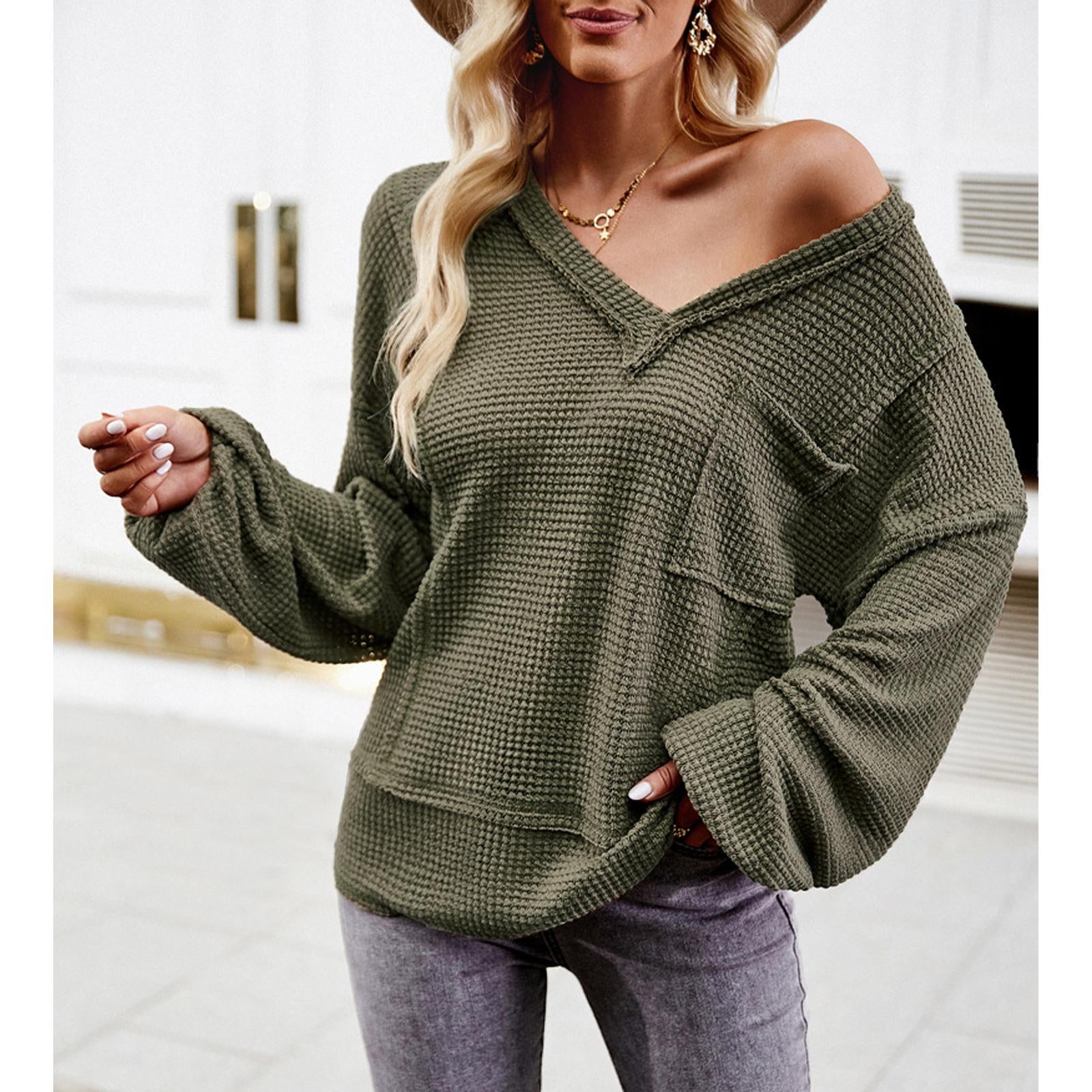 Women's Waffle Knit Raw Edge V-Neck Long Sleeve Blouse with Balloon Cuffs, Casual Loose Fit, Chest Pocket