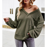 Women's Waffle Knit Raw Edge V-Neck Long Sleeve Blouse with Balloon Cuffs, Casual Loose Fit, Chest Pocket