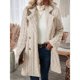 Women's Vintage Cable Knit Warm Plush Mid-Length Coat - Lapel, Double Breasted, 2-Button, Full Sleeves, Casual Winter Outerwear, Buttoned Women's Fleece Jackets (Vintage Clothing)