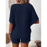 Women's 2-Piece Oversized Lightweight Basic Loose Waffle Knit Loungewear Set - Round Neck Batwing Sleeve Top, Adjustable Drawstring Elastic Shorts for Beach, Nightwear Tracksuit