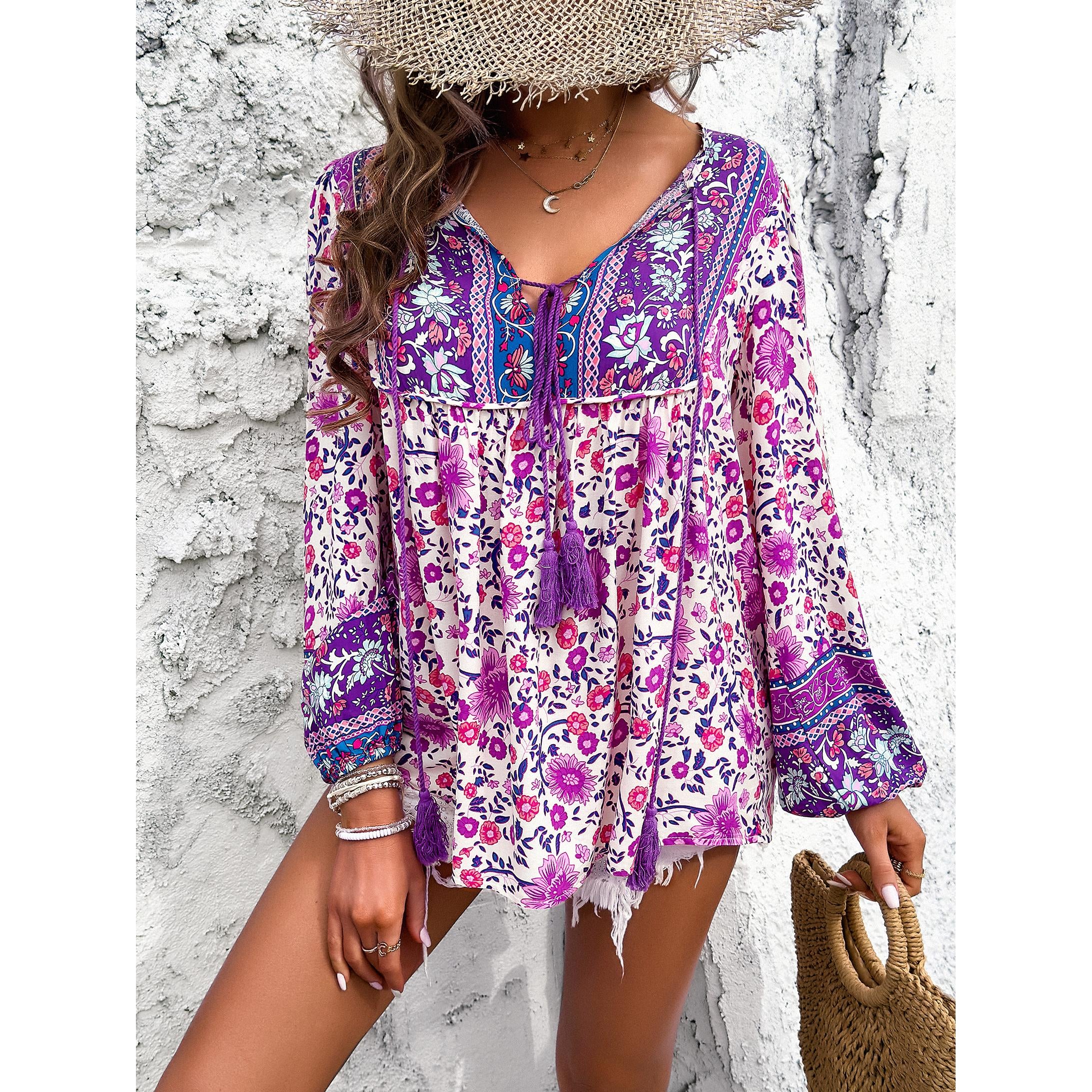Women's Chic Bohemian Floral Print Blouse - Elegant V-Neck Drawstring Tassel Tie, Long Lantern Sleeves, Loose Comfortable Ethnic Shirts for Summer Beach Vacation Style