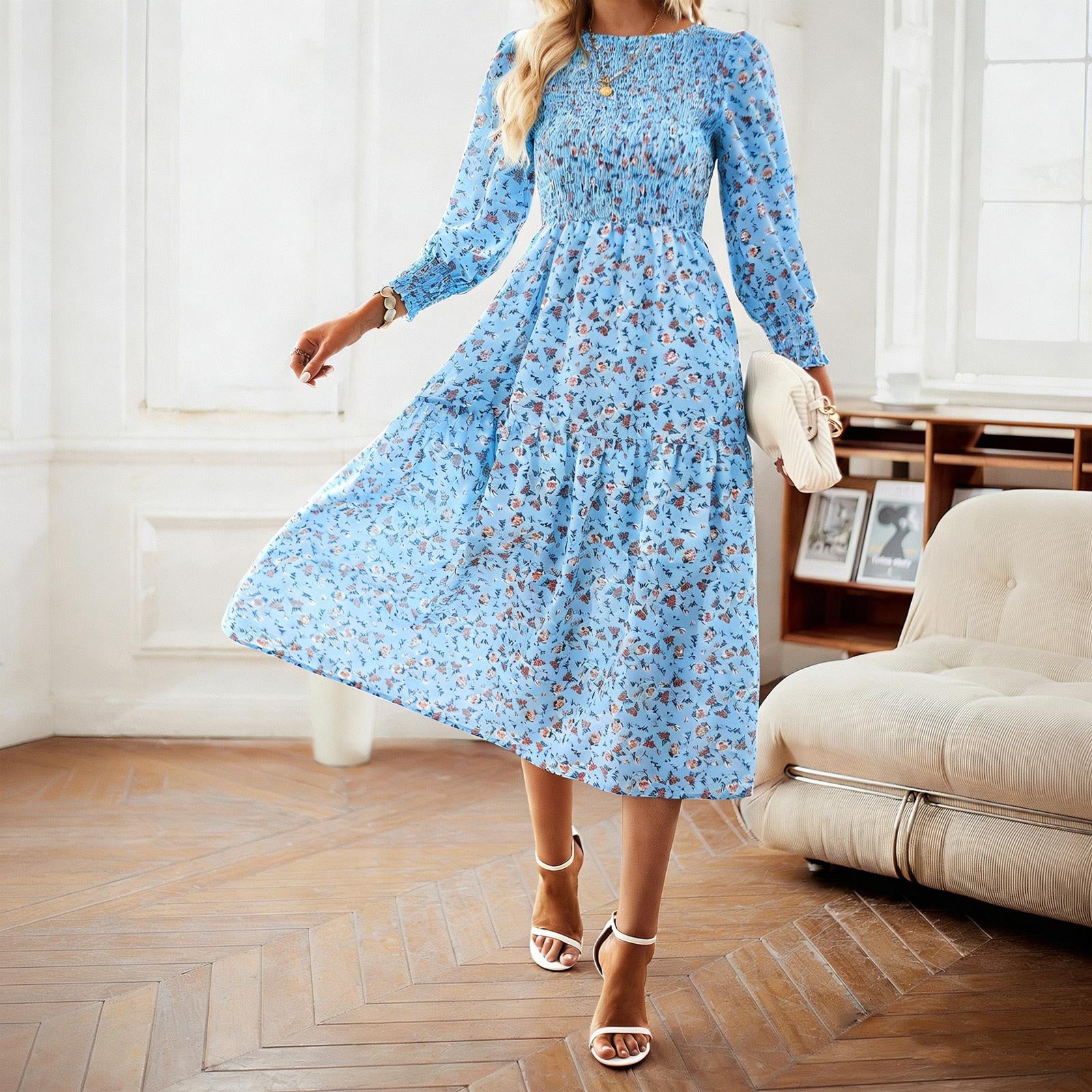 Women's Chic Traditional Colorful Flower Print Casual Boho Ruffle A-Line Mid-Length Dress - Round Neck, Shirred, Beach Wear, Womens Dresses,sohochic