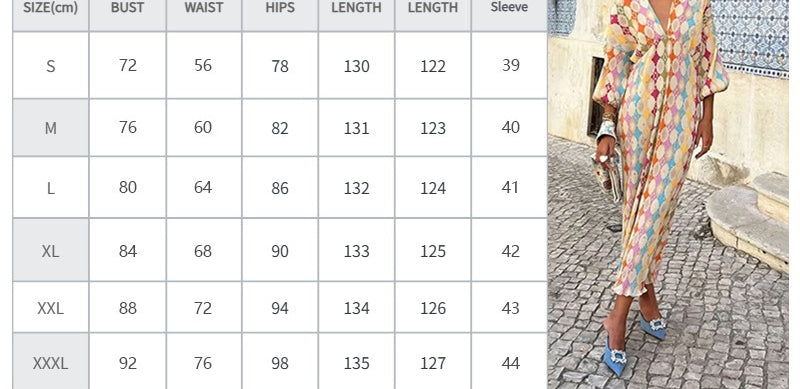 Womens Elegant Printed V-Neck Lantern Sleeve Dress