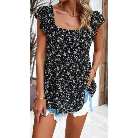 Women Ditsy Floral Square Neck Blouse Ruffle Cap Sleeve Tiered Flowy Babydoll Top Casual Summer Vacation Chiffon Shirt
