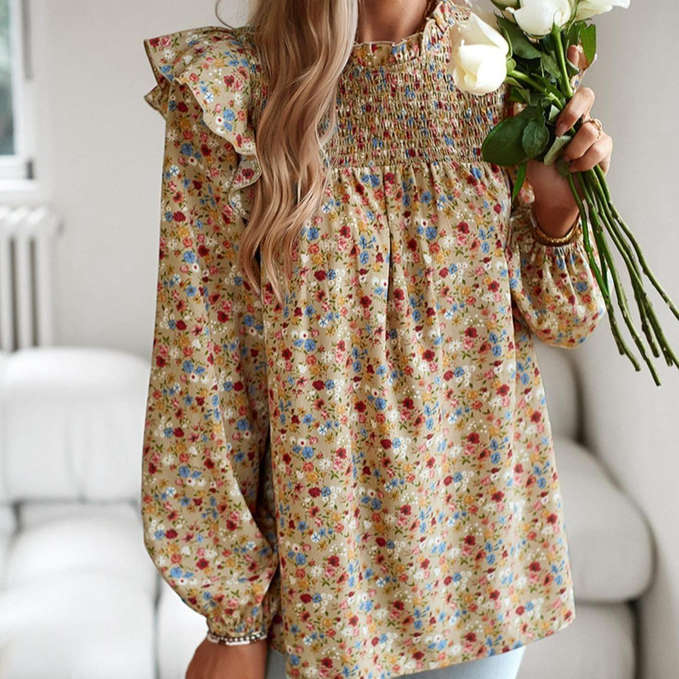 Women's Gorgeous Ditsy Floral Print Polyester Blouse - Smocked Mock Neck, Ruffle Balloon Long Sleeves, Everyday Bohemian Casual Shirt