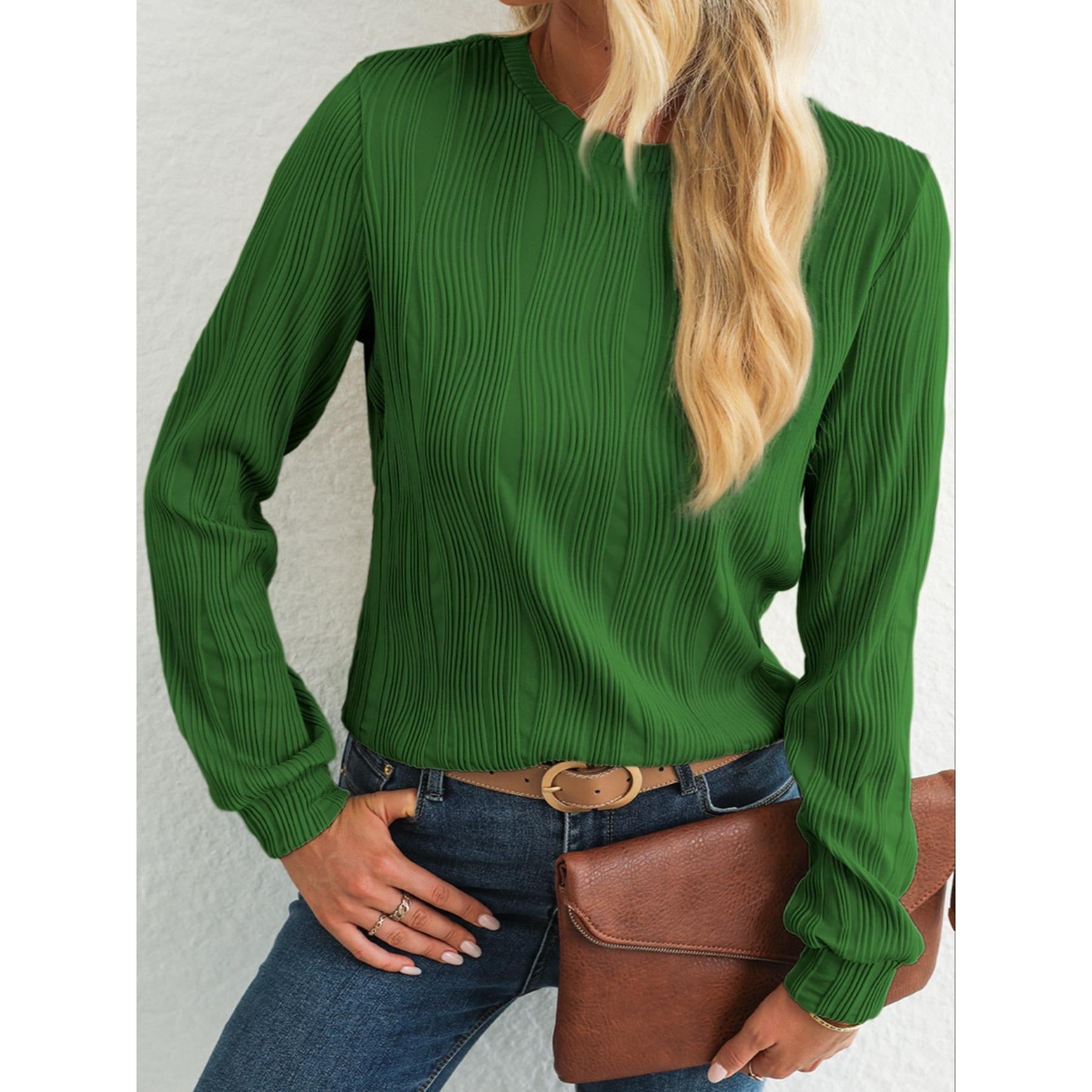Women Wavy Textured Crew Neck Long Sleeve Top, Casual Lantern Sleeve Loose Fit Solid Color Basic Blouse, Fall Daily Wear Shirts