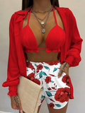 Sexy Beach Vacation Style Printed Shorts Three-piece Set