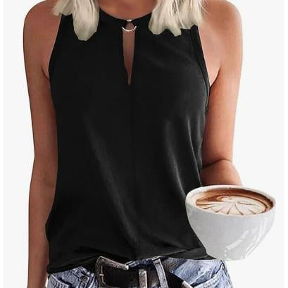 Women's Keyhole Metal Ring Neck Sleeveless Tank Top, Casual Loose Fit Summer Solid Color Basic Halter Tank Shirts
