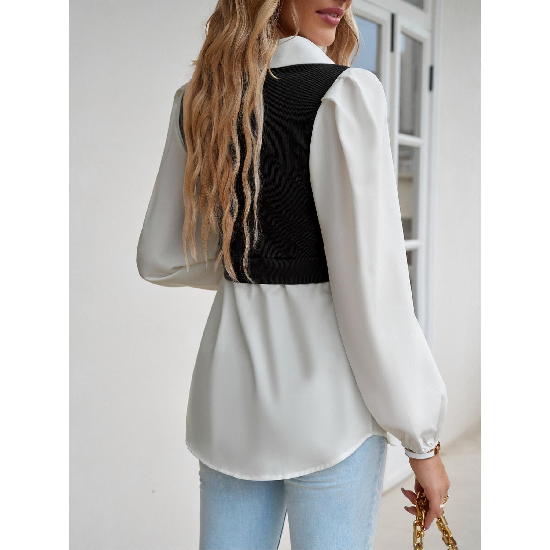 Lady's Ribbed Basic Chic Fabric Fake 2-Piece Peplum Blouse - Collared Puff Long Sleeve Print Patchwork Tunic Top, Elegant Casual Fall Womenswear