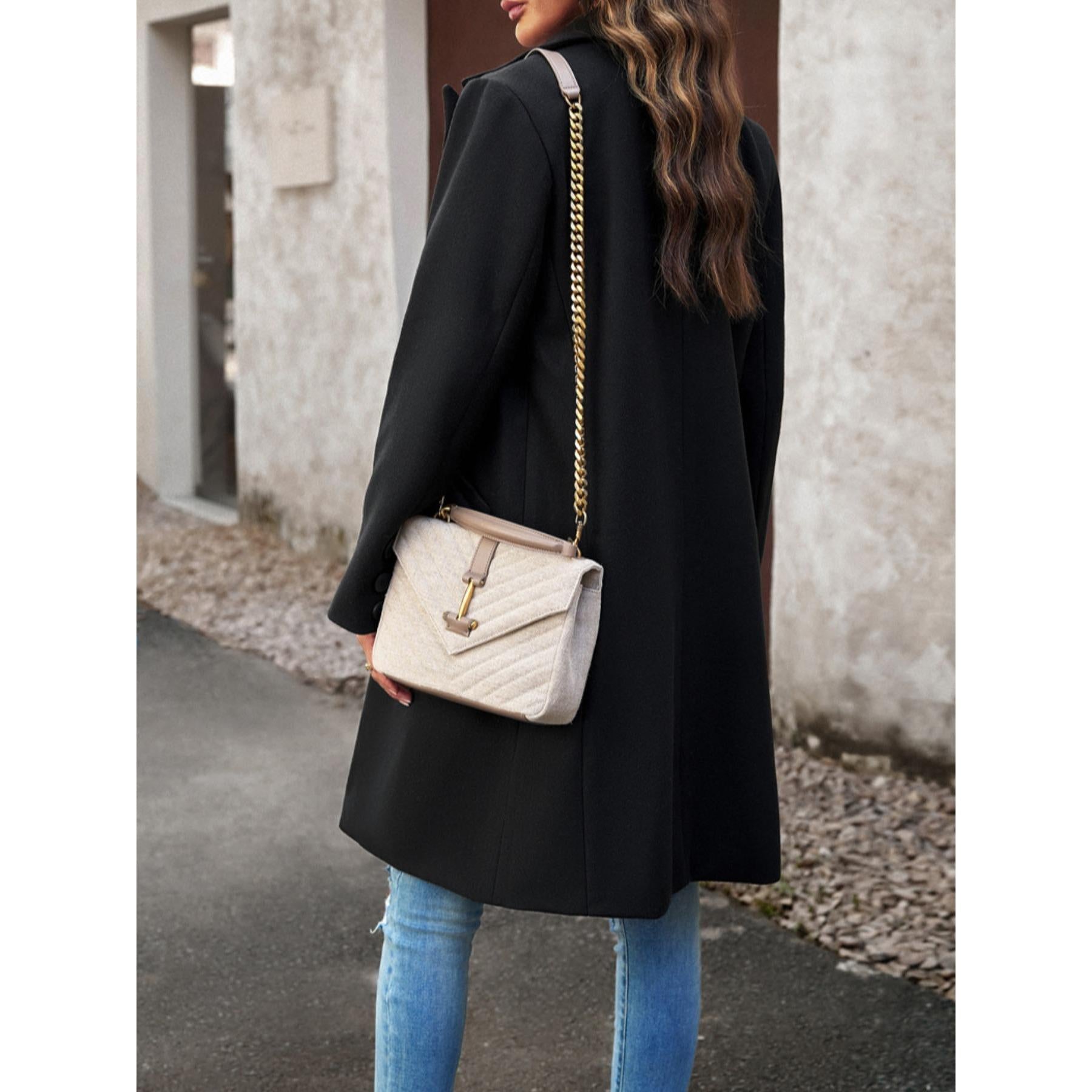 Women Lapel Open Front Mid Length Wool Blend Coat, Elegant Long Sleeve Casual Outerwear for Fall Winter, 2 Colors Wine Red / Black