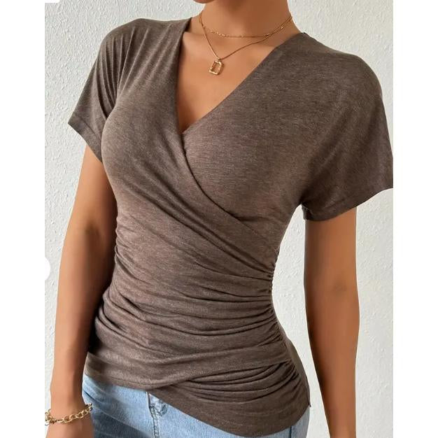 Women Surplice Wrap V Neck Short Sleeve Top, Ruched Waist Slim Fit Casual Solid Color Tee, Summer Elegant T Shirt Blouse for Daily Outing