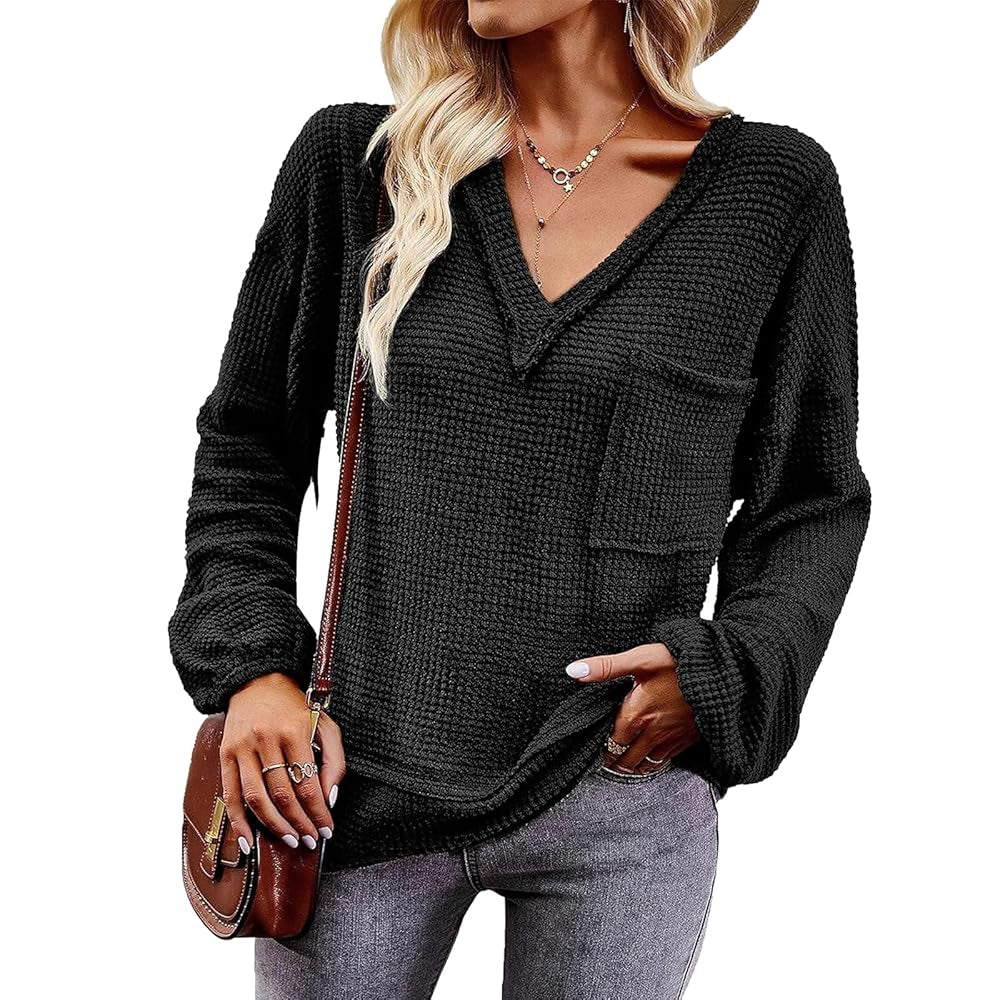 Women's Waffle Knit Raw Edge V-Neck Long Sleeve Blouse with Balloon Cuffs, Casual Loose Fit, Chest Pocket