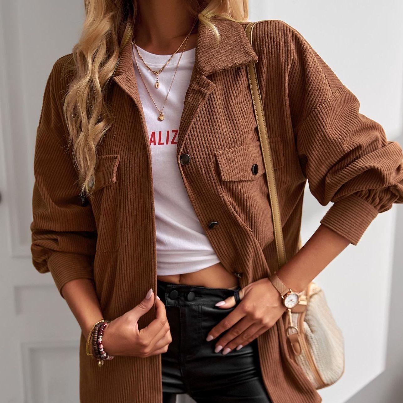 Women's Basic Plain Long Corduroy Shirt Jacket Coats - Collared Neck, Button-Down, Elegant Cuff Sleeves, Comfortable Loose Fit, Tops for Women, Office & Casual Commuter Outerwear with Elegance & Style