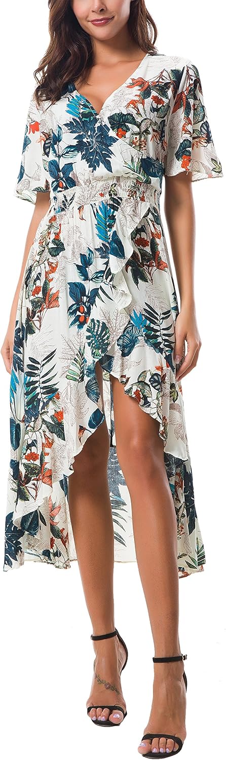 Womens Short Sleeve Floral High Low V-Neck Flowy Party Long Maxi Dress