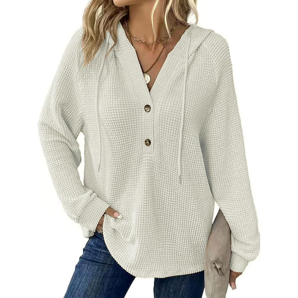 Women's Waffle Knit Henley Hoodie Long Sleeve Drawstring Button V Neck Casual Loose Fit Basic Tops