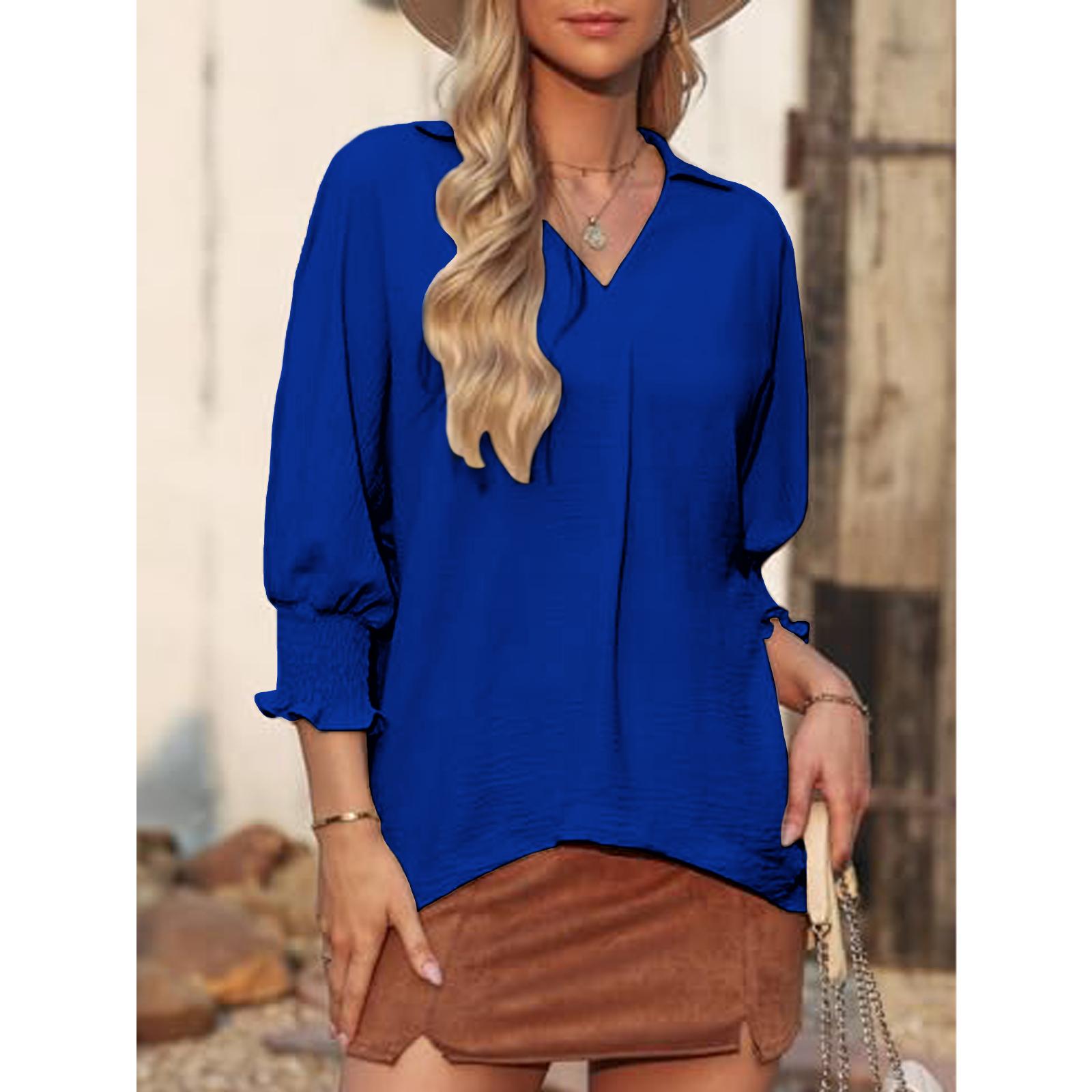 Women V Neck Collared Tunic Blouse, Oversized Loose 3/4 Lantern Smocked Sleeve Textured Casual Longline Shirt